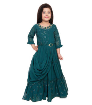 Green Silk Blend Embroidered Gown