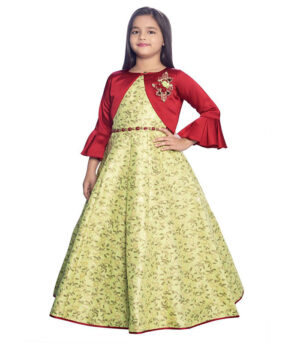 Green Embroidered Polyester Stitched Girls Gown