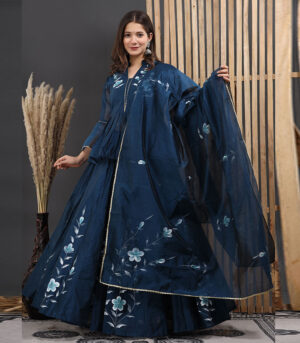 Paniera Chanderi Hand Painted Navy Blue Lehenga Style Kurta Dupatta Set