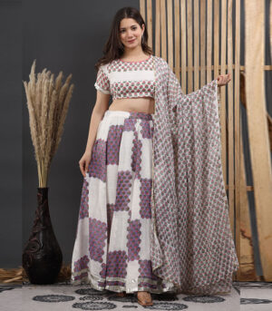 Unnao Linen Hand Block Printing Off White Lehenga Choli Dupatta Set