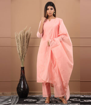 Saloni Chanderi Plain Peach Kurta Dupatta Set