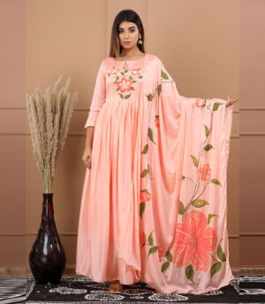 Karni Chinnon Silk Hand Painted Peach Gown Dupatta Set