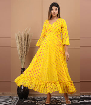 Mahak Chiffon Leheriya Yellow Gown