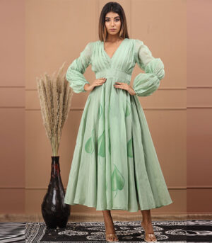 Fannah Chanderi Hand Painted Olive Gown