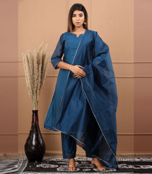 Navrang Chanderi Plain Navy Blue Kurta Dupatta Set