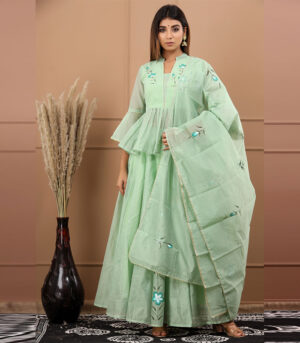 Tanishka Chanderi Hand Painted Olive Lehenga Style Kurta Dupatta Set