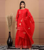 Shalvi Chanderi Hand Painted Red kurta sharara and dupatta Set