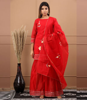 Shalvi Chanderi Hand Painted Red kurta sharara and dupatta Set