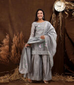 Tuhina Chanderi Hand Painted Grey Kurta Sharara And Dupatta Set