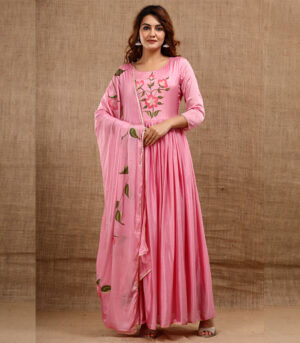 Varnika Chinnon Silk Hand Painted Mauve gown dress with dupatta