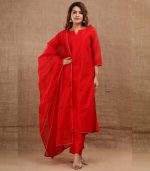 Niharika Chanderi Plain Red Kurta Dupatta Set