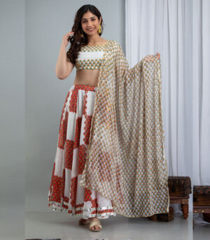 Umrao Linen Hand Block Printing Off White Lehenga Choli Dupatta Set