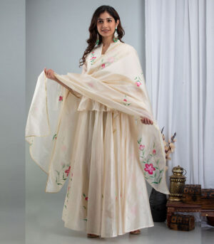 Athkheli Chanderi Hand Painted Off White kurta sharara and dupatta Set