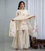 Samaira Chanderi Hand Painted Off White Sharara Style Kurta Dupatta Set