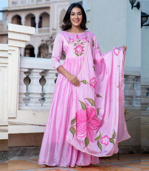 Karni Chinnon Silk Hand Painted Pink Gown Dupatta Set