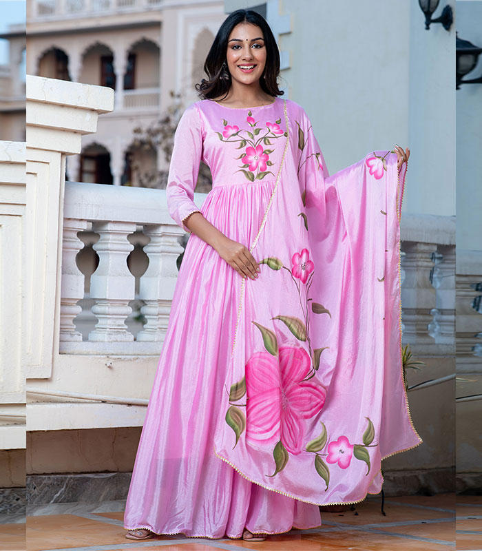 Karni Chinnon Silk Hand Painted Pink Gown Dupatta Set - Zakarto