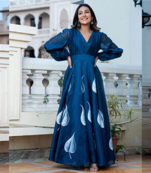Fannah Chanderi Hand Painted Navy Blue Gown