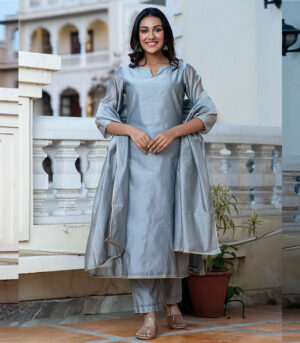 Navrang Chanderi Plain Grey Kurta Dupatta Set