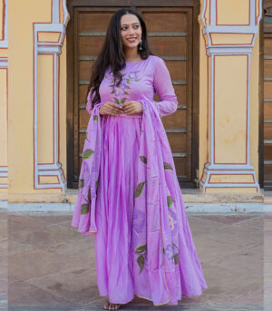 Shehnaaz Chinnon Silk Hand Painted Purple gown dress with dupatta