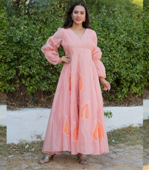 Gulkaari Chanderi Hand Painted Peach gown