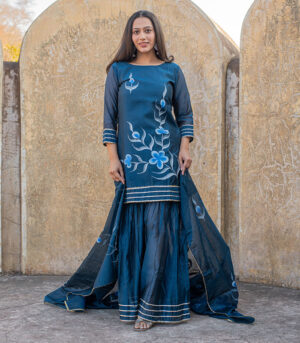 Brinda Chanderi Hand Painted Navy Blue kurta sharara and dupatta Set