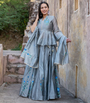 Surili Chanderi Hand Painted Grey Lehenga Style Kurta Dupatta Set