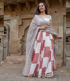 Afra Linen Hand Block Printing Off White Lehenga Choli Dupatta Set