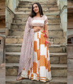 Murad Linen Hand Block Printing Off White Lehenga Choli Dupatta Set