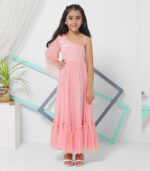 One Off-Shoulder White Flower Pink Girls Gown