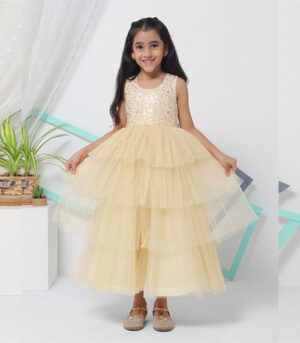 Off White Multi Flared Gown Dress For Girls