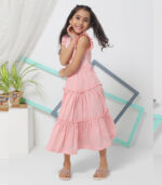Frilled Sleeve Layered Pink Gown With White Flower