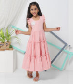 Frilled Sleeve Layered Pink Gown With White Flower