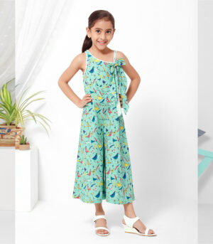 Multi-Color Bird Print Abstract Neck Jumpsuit With Bow