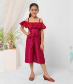 Magenta Flared Neck Jumpsuit For Girls