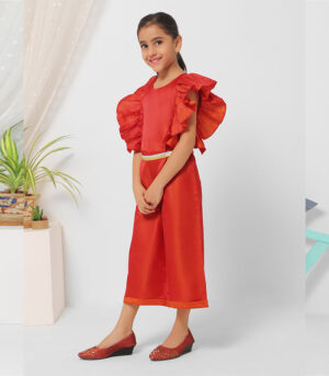 Orange Flared Sleeve Jumpsuit For Girls