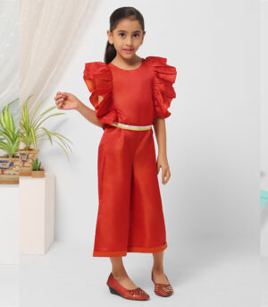Orange Flared Sleeve Jumpsuit For Girls