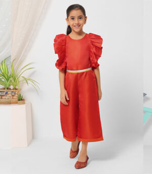 Orange Flared Sleeve Jumpsuit For Girls