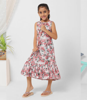 Floral Printed Multi-Color Midi Dress For Girls