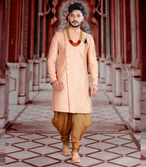 Peach Silk Luckhnavi Work Traditional Wear Indo Western Sherwani