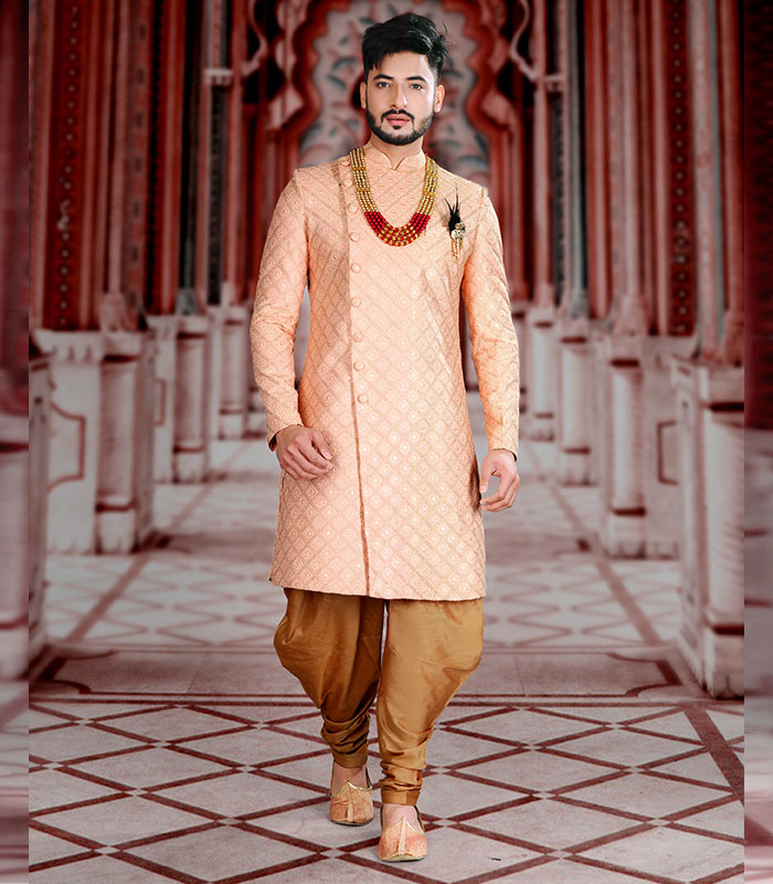 Stunning Peach Georgette Sangeet Wear Indo Western For Men