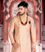 Peach Silk Luckhnavi Work Traditional Wear Indo Western Sherwani