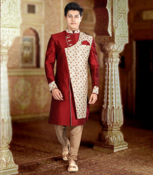 Maroon Art Silk Art Work Traditional Wear Indo Western Sherwani