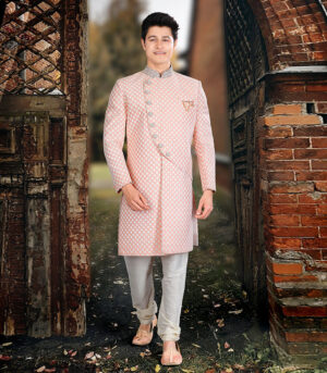 Light Peach Silk Luckhnavi Work Traditional Wear Indo Western Sherwani