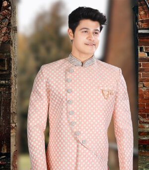 Light Peach Silk Luckhnavi Work Traditional Wear Indo Western Sherwani