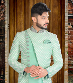 Pista Silk Luckhnavi Work Traditional Wear Indo Western Sherwani