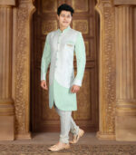 Pista & White Art Silk Art Work Traditional Wear Indo Western Sherwani