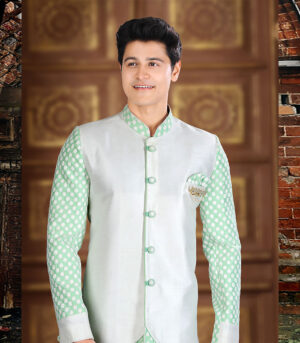 Pista & White Art Silk Art Work Traditional Wear Indo Western Sherwani