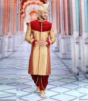 Golden & Maroon Silk Zari Brocade Traditional Wear Indo Western Sherwani