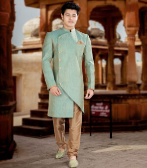 Firozi Silk Zari Brocade Traditional Wear Indo Western Sherwani
