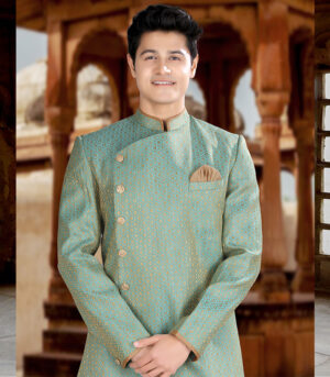 Firozi Silk Zari Brocade Traditional Wear Indo Western Sherwani